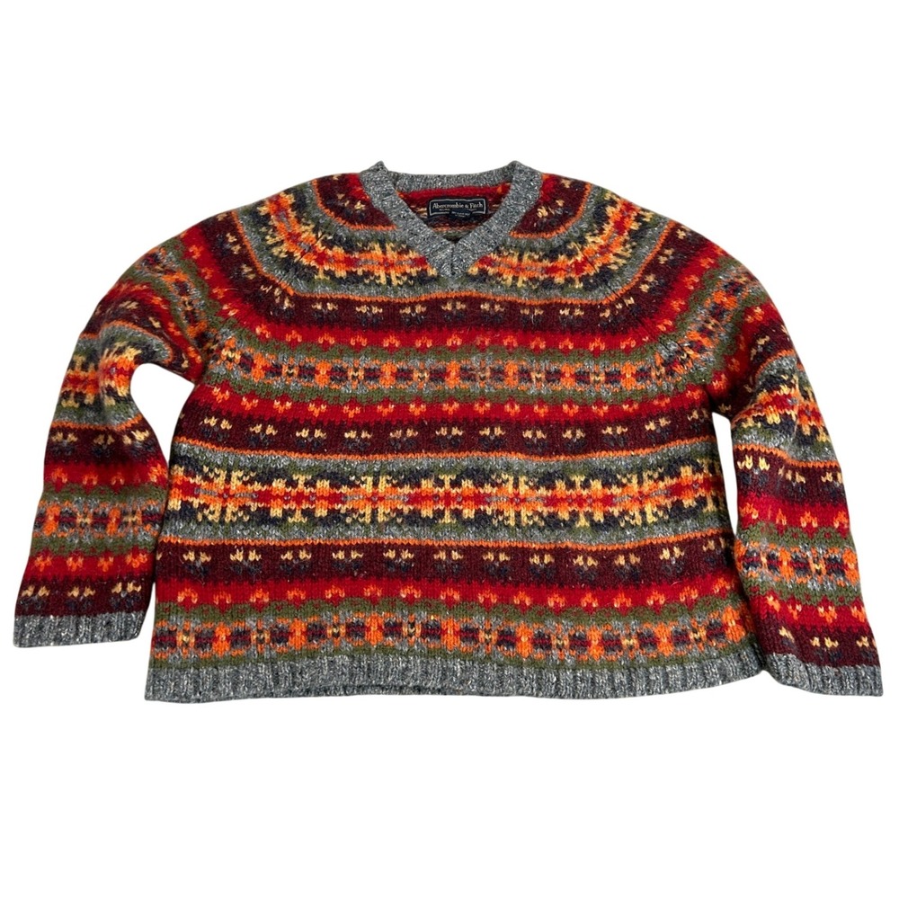 Vintage Abercrombie & Fitch Mens Medium 100% Wool Fair Isle Sweater V-Neck M - Picture 1 of 5
